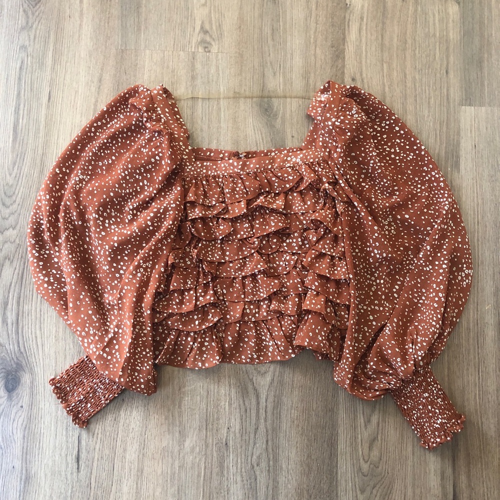 Rust Polka Dot Ruffle Crop Blouse with Puff Sleeves